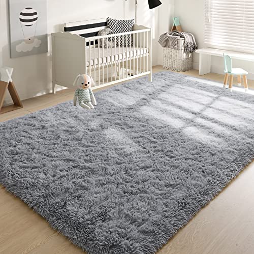 YJ.GWL Soft Fluffy Area Rugs for Bedroom Living Room 4x6 Feet, Grey Plush Shag Carpet Non Slip for Nursery Playroom Dorm, Indoor Modern Fuzzy Rug for Kids Girls Room Home Decor