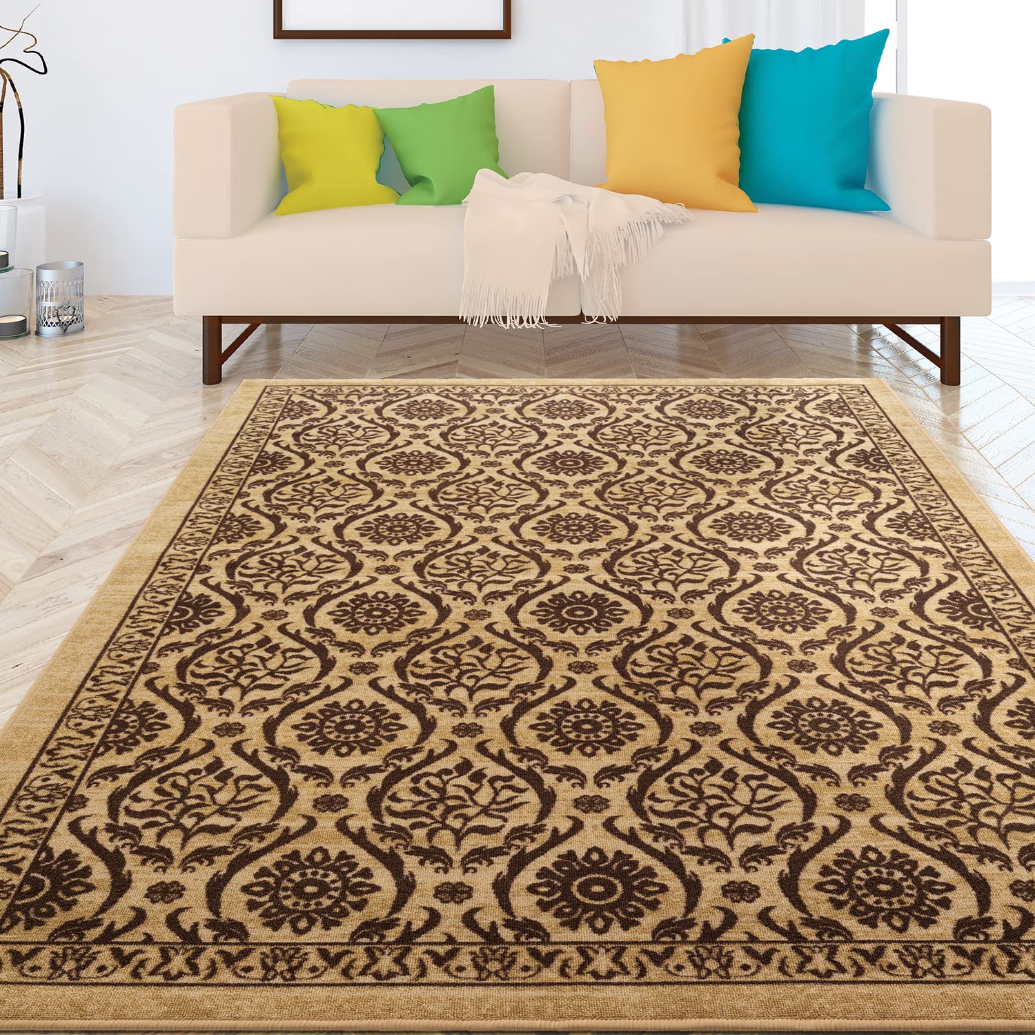 Antep Rugs Alfombras Non-Skid (Non-Slip) 8x10 Rubber Backing Floral Geometric Low Profile Pile Indoor Area Rugs (Brown, 7'10" x 10')