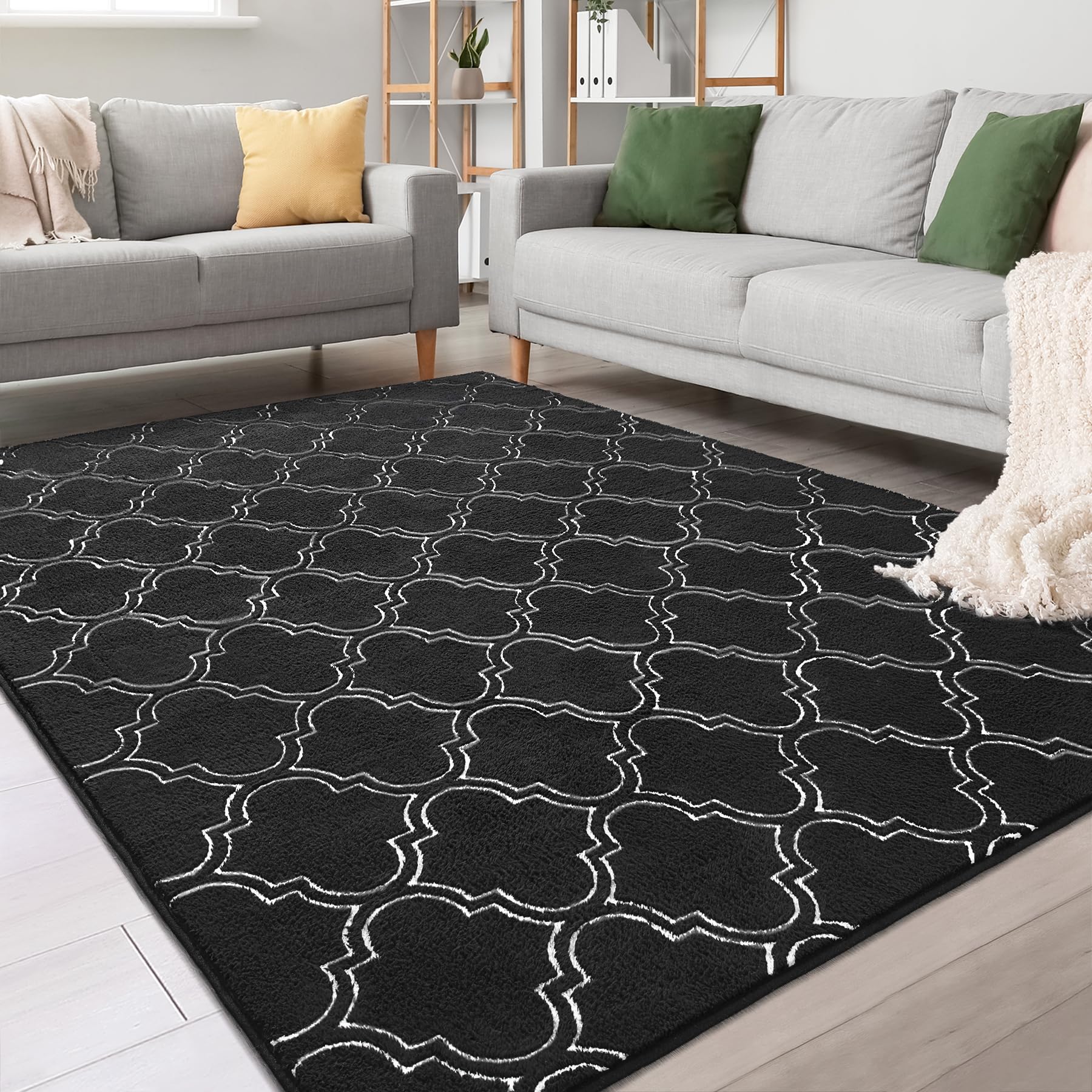 Chicrug Shag Geometric 4x6 Area Rug for Living Room, Large Modern Memory Foam Indoor Carpet, Fluffy Rug for Bedroom Bedside Room Decor for Family Girls Kids Nursery, Black/White