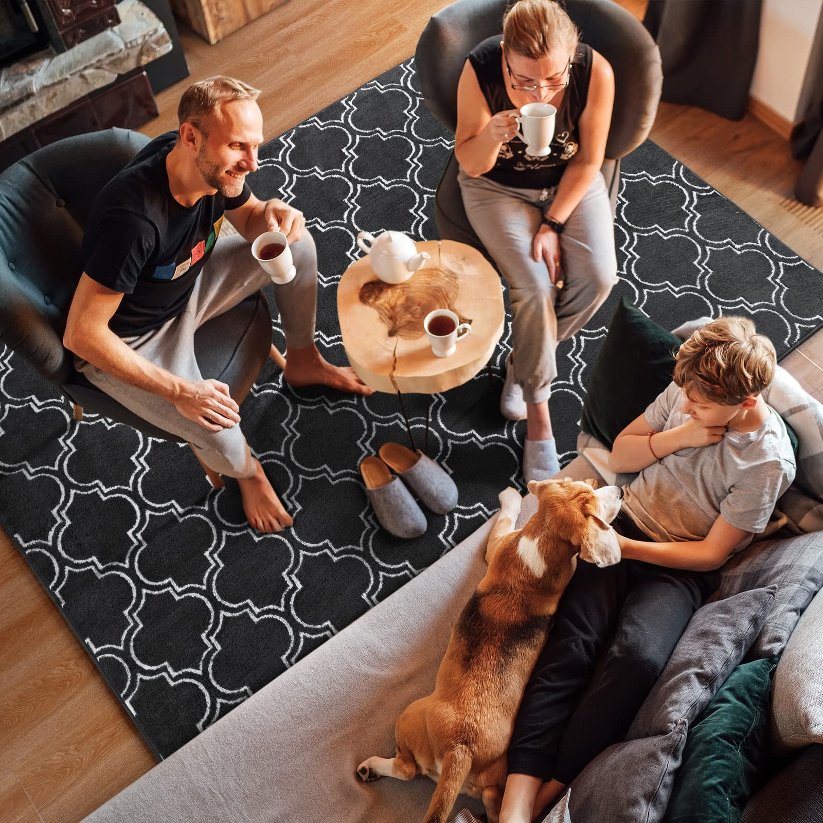 Amearea Fluffy Indoor Trellis Rug, Soft Moroccan Home Rugs for Bedroom, Shag Modern Area Rug for Living Room Kids Room Nursery, Easy Clean, Geometry Home Decor Low Pile Carpet, Dark Grey 4x6 Feet