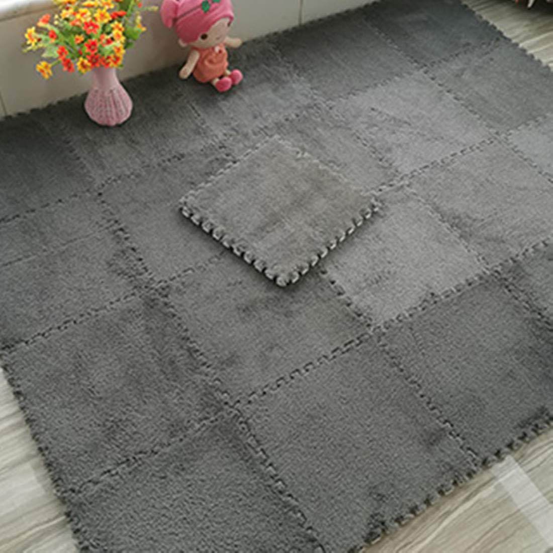 smabee Interlocking Carpet Shaggy Soft EVA Foam Mats Fluffy Area Rugs Protective Floor Tiles Exercise Play Mat for Children Kids Room Home Parlor Bedroom (12 pcs, Gray)