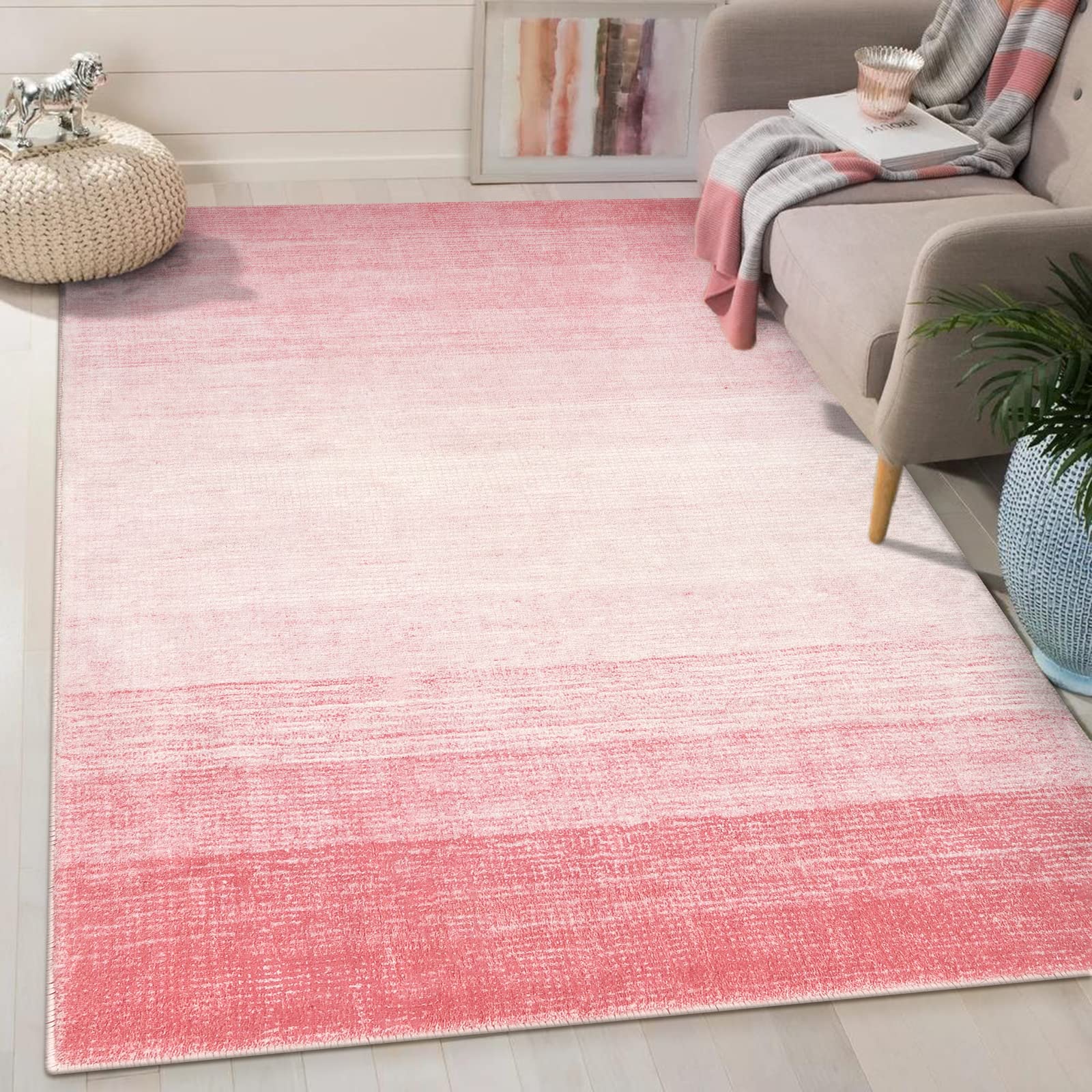 Wonnitar Washable 3x5 Area Rug,Pink Rugs for Girls Bedroom,Contemporary Ombre Nursery Soft Mat for Baby Girl,Modern Non-Skid Faux Wool Indoor Carpet for Bathroom Dorm Bedside