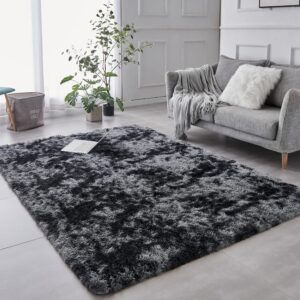 TABAYON 8 x 10 Feet Shag Area Rugs, Ultra Soft Indoor Modern Nursery Rug, Tie-Dyed Dark Grey Plush Shaggy Throw Carpets for Boy and Girls Room Dorm Living Room