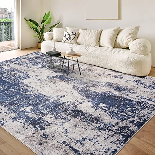 Area Rug Living Room Rugs: 8x10 Large Soft Indoor Carpet Modern Abstract Decor Rug with Non Slip Rubber Backing for Under Dining Table Nursery Home Office Bedroom Blue