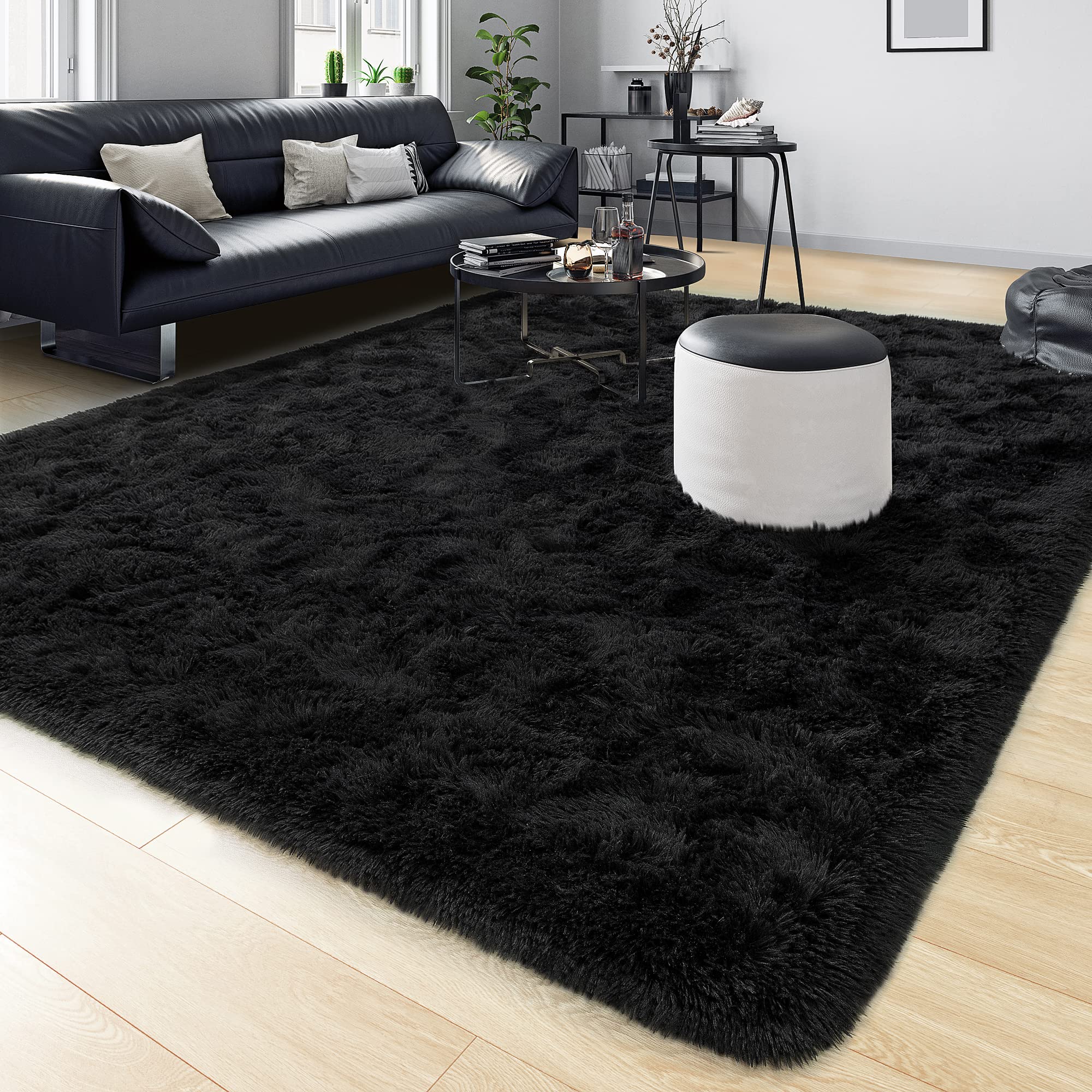 Tepook Super Soft Fluffy Rug for Bedroom, Modern Shaggy Rug Fuzzy Kids Rug for Living Room, Plush Indoor Nursery Home Decor Rug with Non-Slip Bottom, Black, 6 X 9 Feet