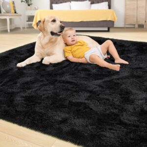 Tepook Super Soft Fluffy Rug for Bedroom, Modern Shaggy Rug Fuzzy Kids Rug for Living Room, Plush Indoor Nursery Home Decor Rug with Non-Slip Bottom, Black, 6 X 9 Feet