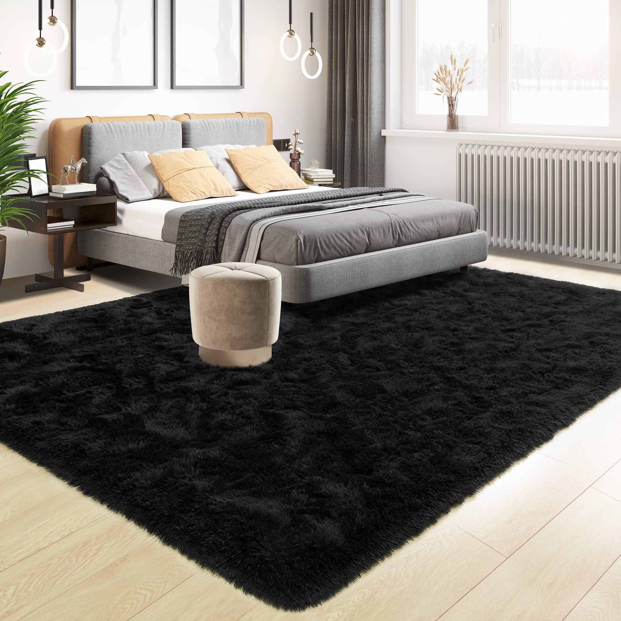 Tepook Super Soft Fluffy Rug for Bedroom, Modern Shaggy Rug Fuzzy Kids Rug for Living Room, Plush Indoor Nursery Home Decor Rug with Non-Slip Bottom, Black, 6 X 9 Feet