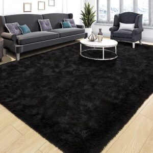 Tepook Super Soft Fluffy Rug for Bedroom, Modern Shaggy Rug Fuzzy Kids Rug for Living Room, Plush Indoor Nursery Home Decor Rug with Non-Slip Bottom, Black, 6 X 9 Feet