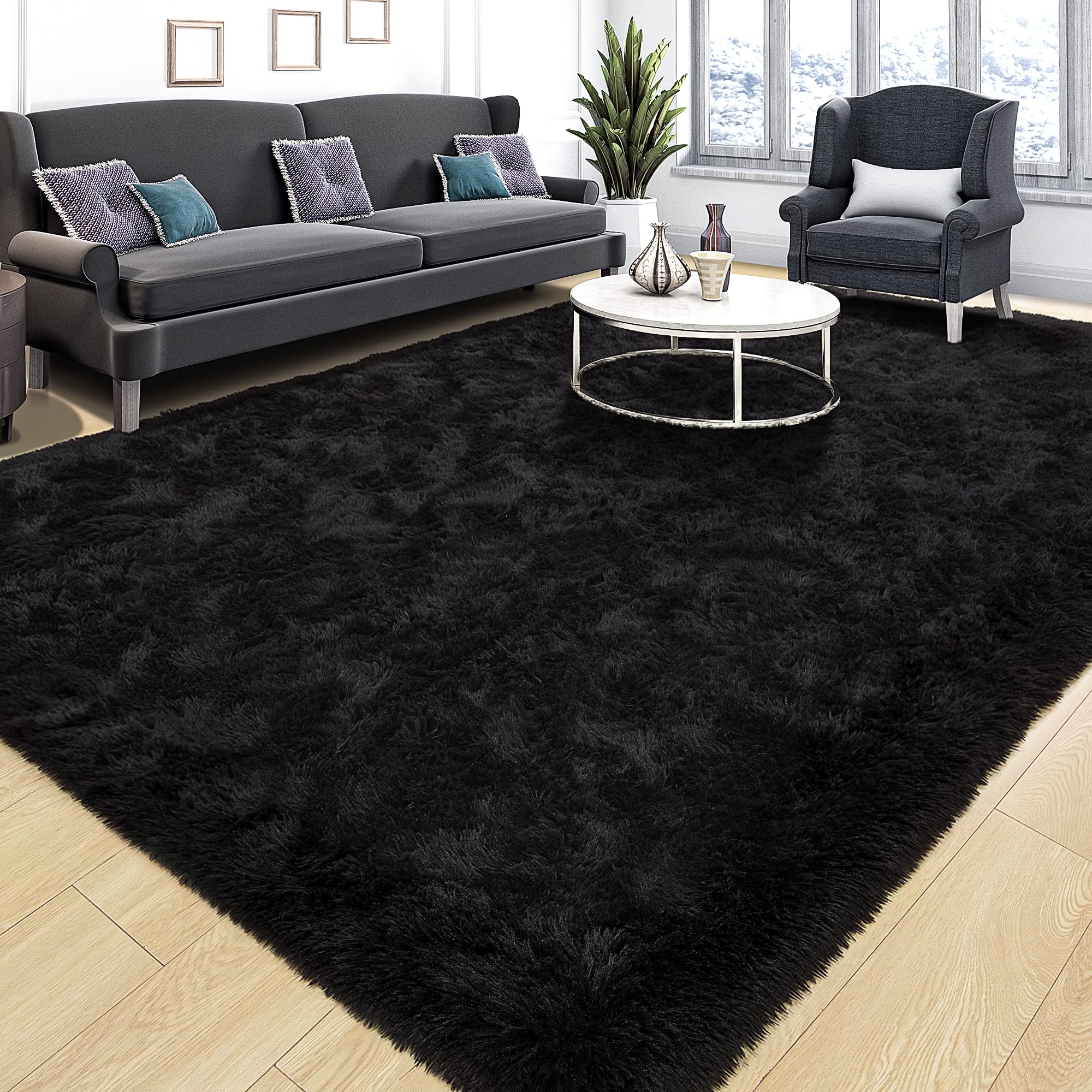 Tepook Super Soft Fluffy Rug for Bedroom, Modern Shaggy Rug Fuzzy Kids Rug for Living Room, Plush Indoor Nursery Home Decor Rug with Non-Slip Bottom, Black, 6 X 9 Feet