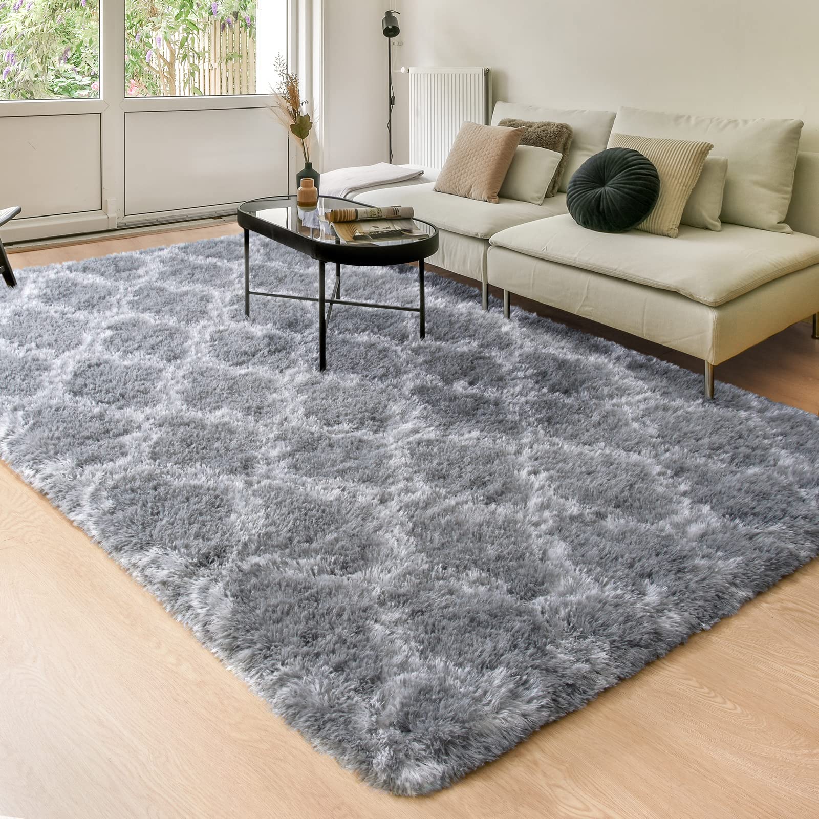 Unirea Shag Area Rugs for Bedroom Living Room 3x5 Fluffy Floor Carpet, Indoor Soft Furry Plush Rug for Kids Teens Room Dorm Nursery Playroom, Bedside Accent Rug Home Decor, Light Grey/White