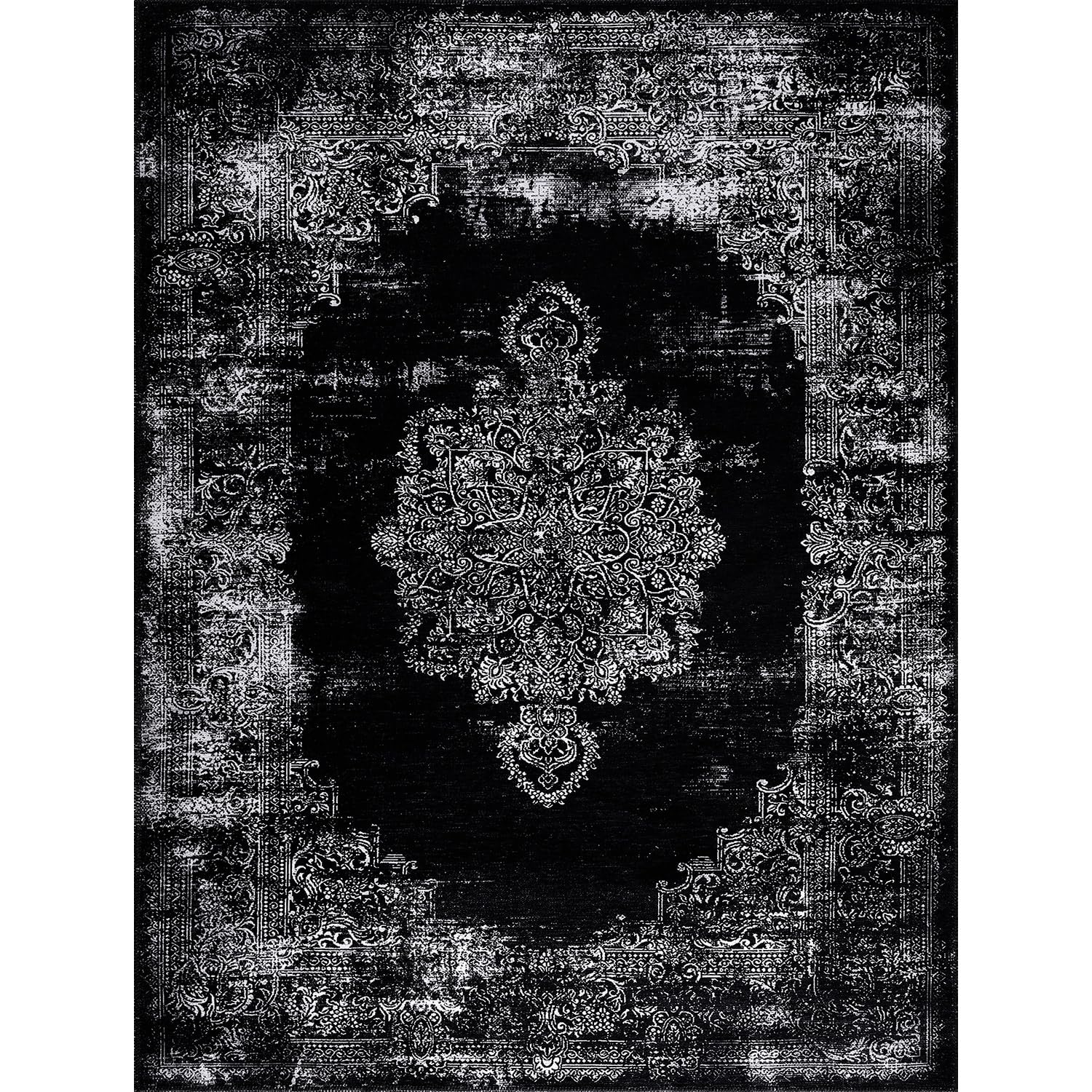 CAMILSON Machine Washable Area Rugs with Non Slip Backing for Living Room Bedroom, Distressed Vintage Washable Rug 5x7, Stain and Water Resistant, Bohemian Indoor Carpet (5 x 7, Black White)