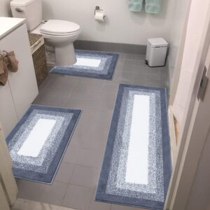 bathroom rug mat set 3 piece, non-slip shaggy bath mats, absorbent microfiber bath carpet for bathroom floor, tub and shower machine washable, dark grey