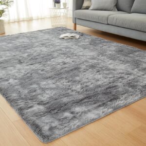 JKMAX Fluffy Shag Area Rugs for Living Room，Tie-Dyed Light Grey Soft Plush Fuzzy 3x5 Rug for Bedroom Nursery Girls Boys Room Kids Room Decor，Upgrade Anti-Skid Carpet for Home Decor Aesthetic