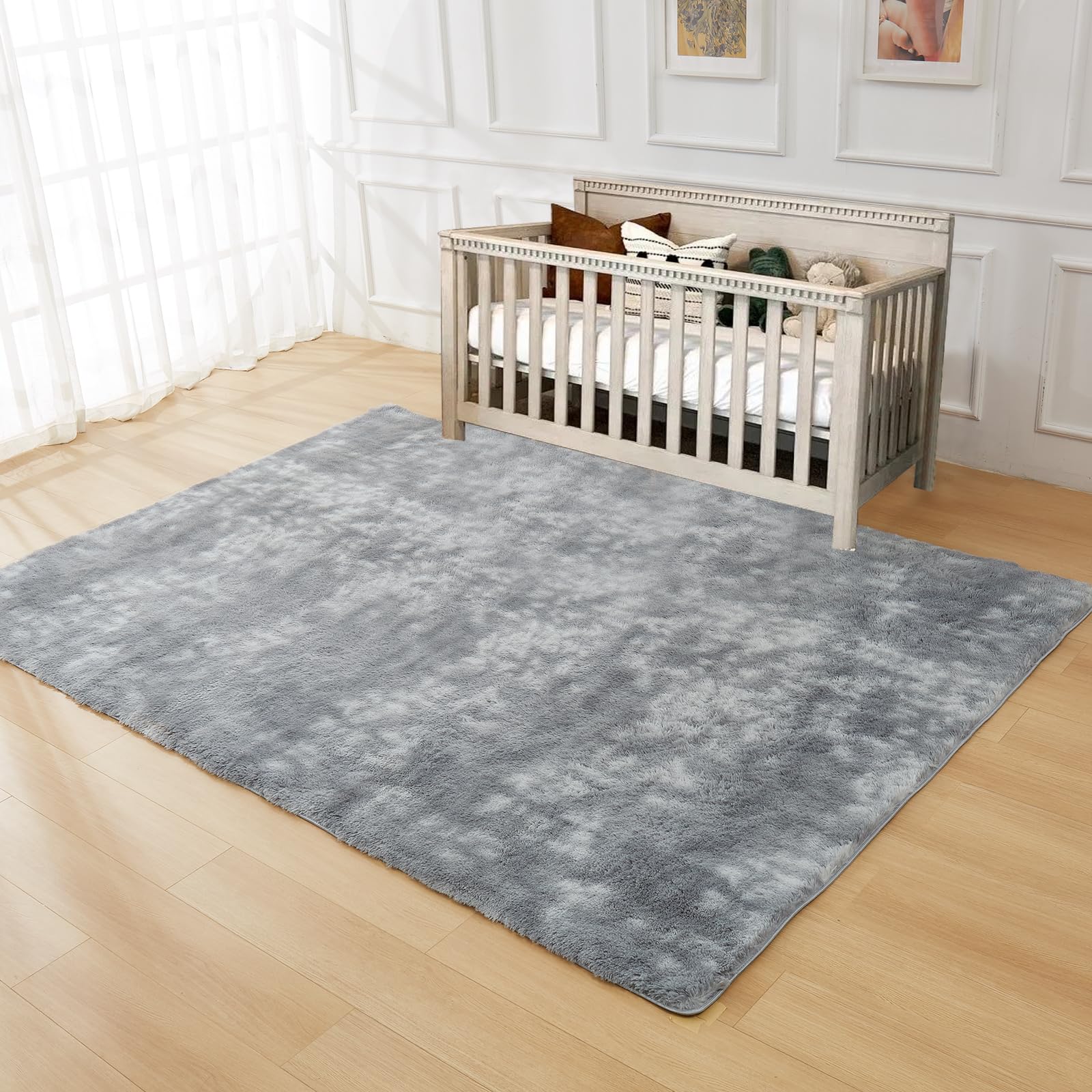 JKMAX Fluffy Shag Area Rugs for Living Room，Tie-Dyed Light Grey Soft Plush Fuzzy 3x5 Rug for Bedroom Nursery Girls Boys Room Kids Room Decor，Upgrade Anti-Skid Carpet for Home Decor Aesthetic