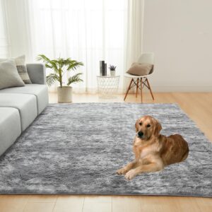 JKMAX Fluffy Shag Area Rugs for Living Room，Tie-Dyed Light Grey Soft Plush Fuzzy 3x5 Rug for Bedroom Nursery Girls Boys Room Kids Room Decor，Upgrade Anti-Skid Carpet for Home Decor Aesthetic