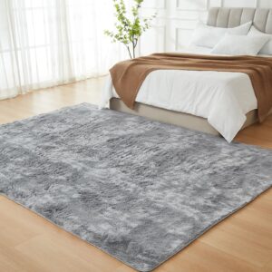 JKMAX Fluffy Shag Area Rugs for Living Room，Tie-Dyed Light Grey Soft Plush Fuzzy 3x5 Rug for Bedroom Nursery Girls Boys Room Kids Room Decor，Upgrade Anti-Skid Carpet for Home Decor Aesthetic