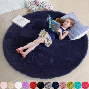 Amdrebio Dark Navy Rug for Bedroom,Fluffy Circle Rug 4'X4' for Kids Room,Furry Carpet for Teen's Room,Shaggy Circular Rug for Nursery,Fuzzy Plush Rug for Dorm,Indigo Carpet,Cute Room Decor for Baby