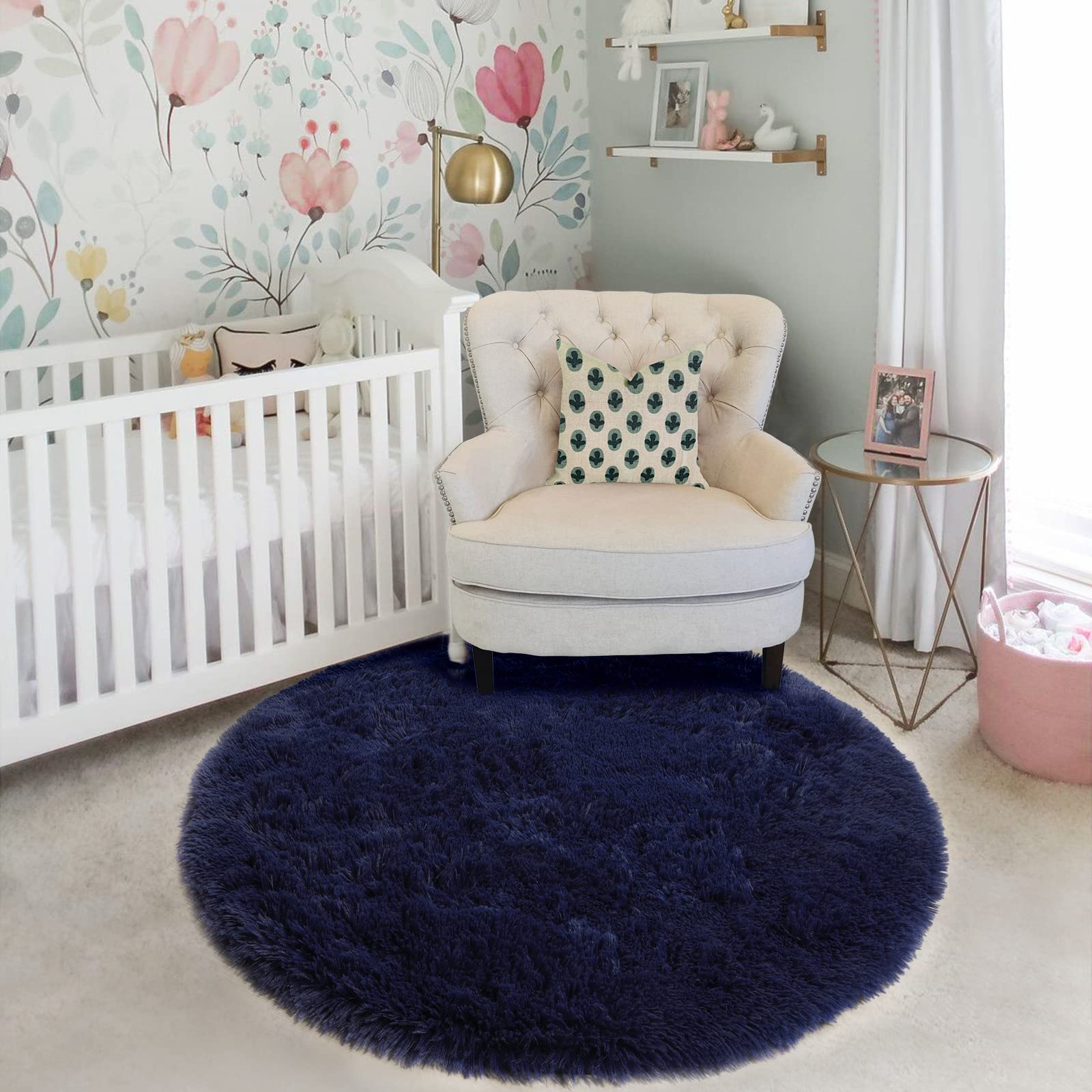 Amdrebio Dark Navy Rug for Bedroom,Fluffy Circle Rug 4'X4' for Kids Room,Furry Carpet for Teen's Room,Shaggy Circular Rug for Nursery,Fuzzy Plush Rug for Dorm,Indigo Carpet,Cute Room Decor for Baby