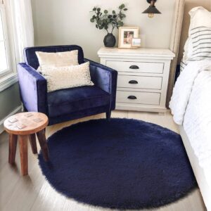 Amdrebio Dark Navy Rug for Bedroom,Fluffy Circle Rug 4'X4' for Kids Room,Furry Carpet for Teen's Room,Shaggy Circular Rug for Nursery,Fuzzy Plush Rug for Dorm,Indigo Carpet,Cute Room Decor for Baby