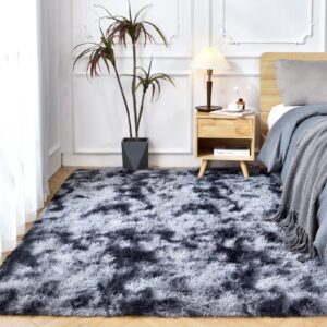 Temedara 3x5 Feet Area Rug,Non-Slip Shag Rugs for Bedroom,Small Fluffy Plush Rugs for Living Room,Tie-Dyed Dark Grey Shaggy College Dorm Room Rug,Modern Fuzzy Carpet for Kids Boys Room