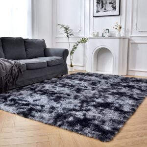 Temedara 3x5 Feet Area Rug,Non-Slip Shag Rugs for Bedroom,Small Fluffy Plush Rugs for Living Room,Tie-Dyed Dark Grey Shaggy College Dorm Room Rug,Modern Fuzzy Carpet for Kids Boys Room