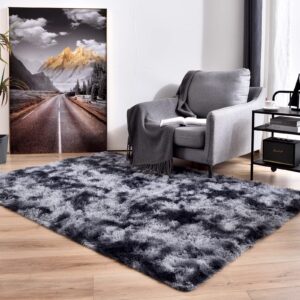 Temedara 3x5 Feet Area Rug,Non-Slip Shag Rugs for Bedroom,Small Fluffy Plush Rugs for Living Room,Tie-Dyed Dark Grey Shaggy College Dorm Room Rug,Modern Fuzzy Carpet for Kids Boys Room