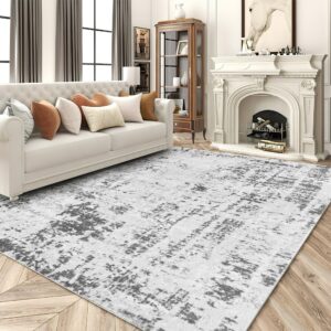 RYB HOME Washable Living Room Rug, 5x8 Area Rug for Bedroom, Ultra Soft Faux Wool Non Slip Modern Abstract Farmhouse Floor Carpet for Dining Home Office Nursery Playroom, 5x8 ft, Grey