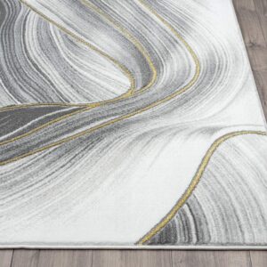 Abani Grey & Gold Metallic Contemporary Ribbon Area Rug, 5'3"x7'6" (5x8) Rugs Swirl Design Neutral Non-Shed Bedroom Rug