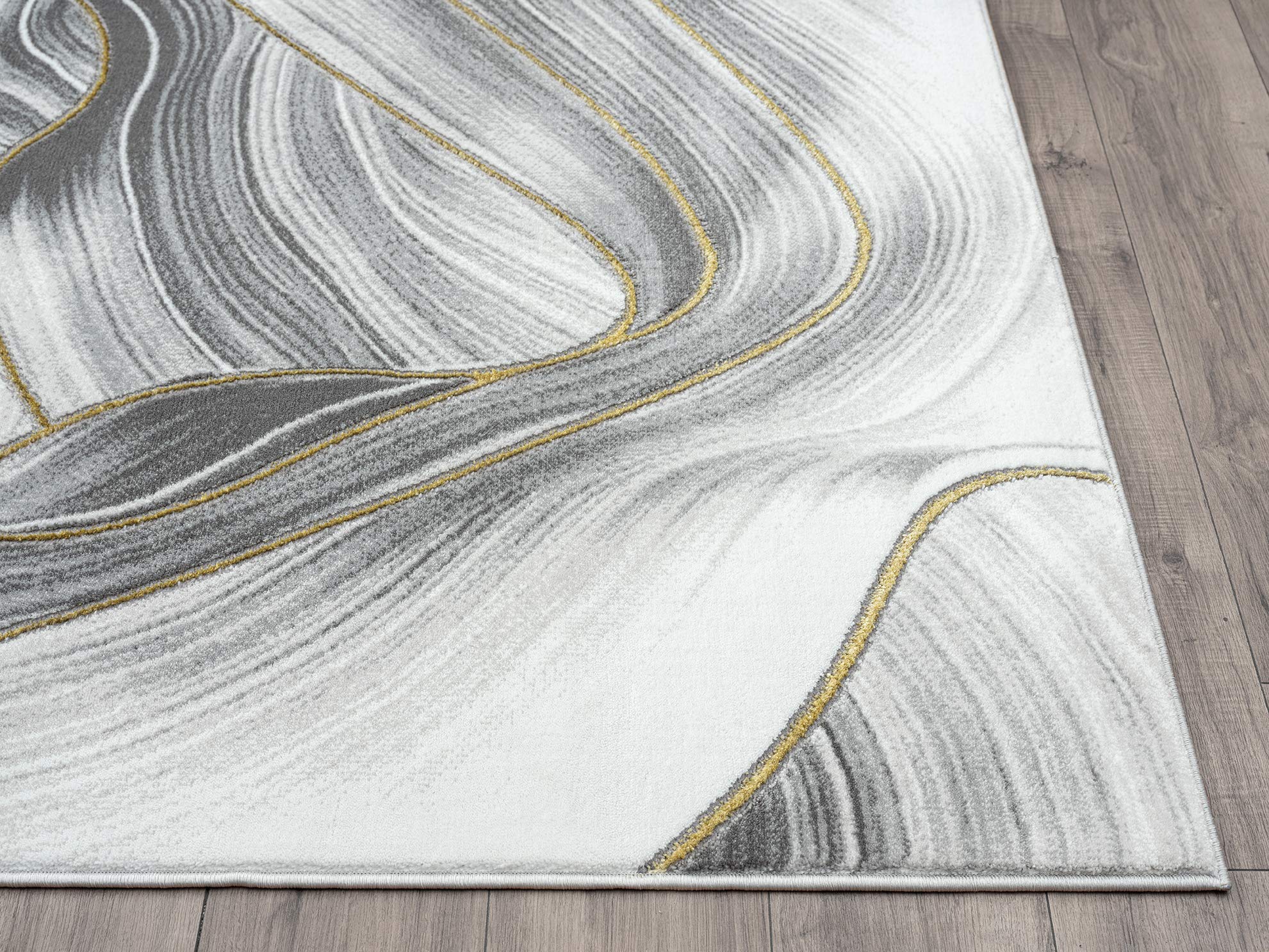 Abani Grey & Gold Metallic Contemporary Ribbon Area Rug, 5'3"x7'6" (5x8) Rugs Swirl Design Neutral Non-Shed Bedroom Rug