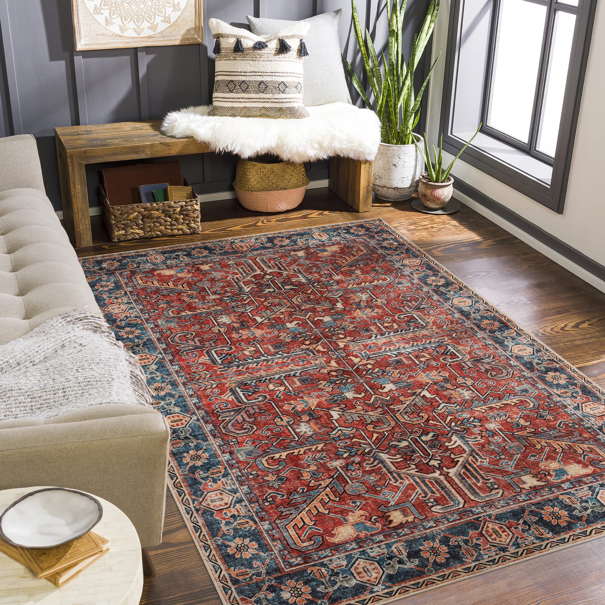 Valenrug Washable Rug 8x10 - Ultra-Thin Antique Collection Stain Resistant Area Rug for Living Room Bedroom, Distressed Vintage Rug(Red, 8'x10')