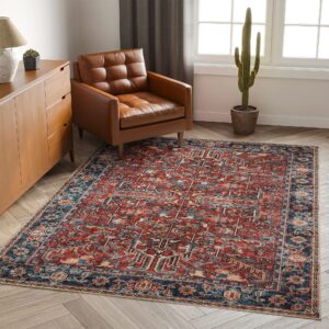 Valenrug Washable Rug 8x10 - Ultra-Thin Antique Collection Stain Resistant Area Rug for Living Room Bedroom, Distressed Vintage Rug(Red, 8'x10')