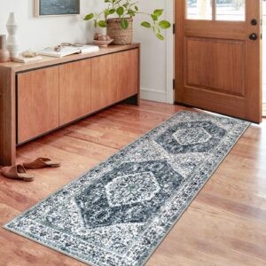 KOZYFLY Runners for Hallways 2x6 Ft Washable Kitchen Runner Rug Boho Runner Rug for Entryway Indoor Grey Oriental Faux Wool Bathroom Runner Rug Floor Carpet Runner for Bedroom Kitchen Hall