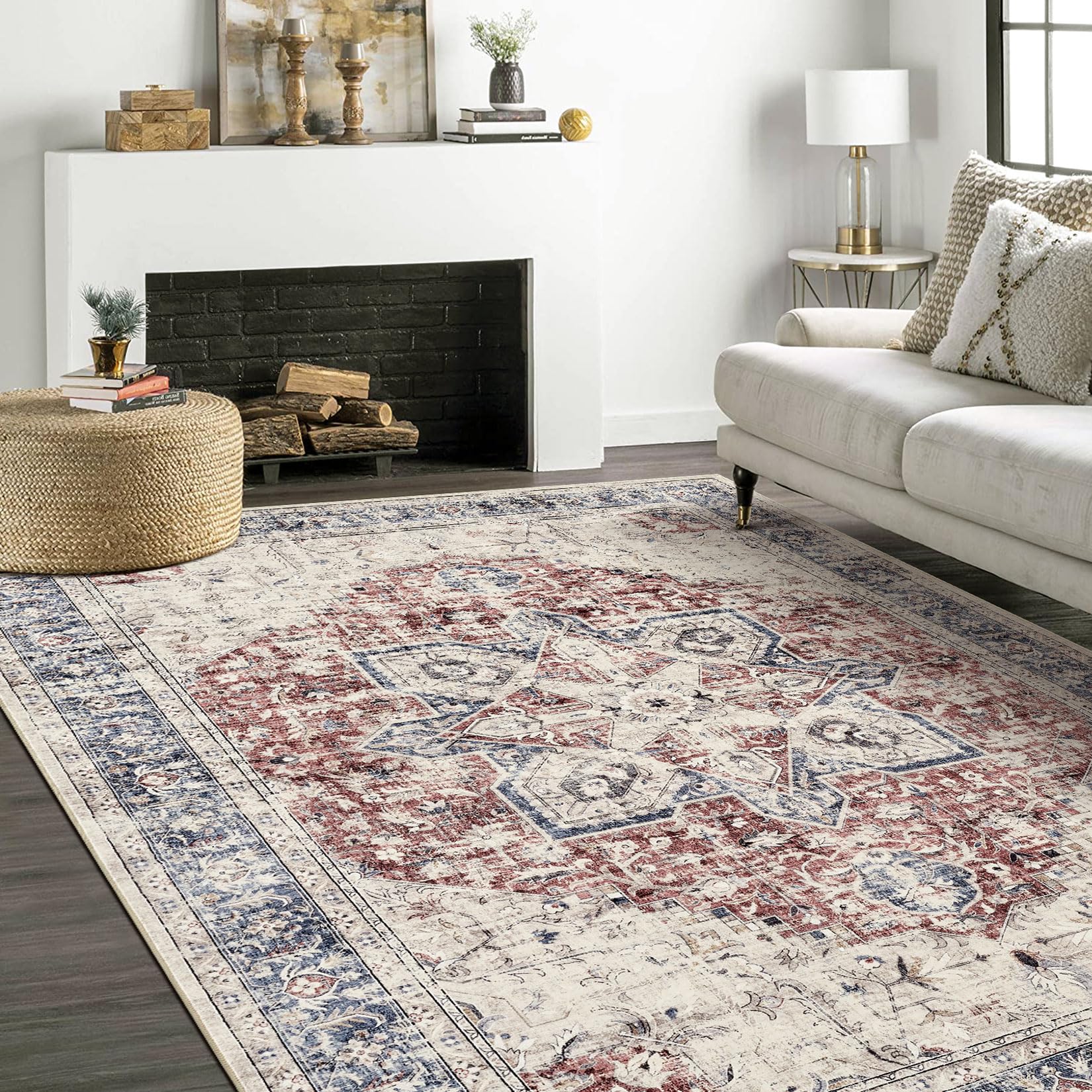 Area Rug Living Room Rugs - 8x10 Washable Boho Rug Vintage Oriental Distressed Farmhouse Large Thin Indoor Carpet for Living Room Bedroom Under Dining Table Home Office - Red Blue