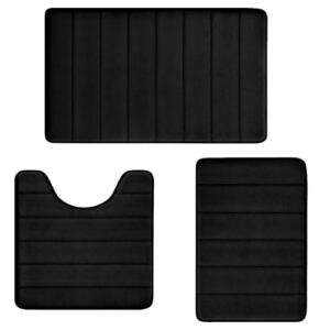 Bathroom Rugs Set Memory Foam Bath Mats Non-Slip Bath Rug Set 3 Piece,Washable Bathroom Mats,Absorbent Shaggy Rugs Super Soft U-Shaped Toilet Rug,Bathroom Carpets for Bathroom,Tub,Shower(Black)