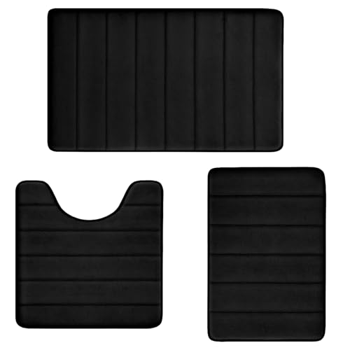 Bathroom Rugs Set Memory Foam Bath Mats Non-Slip Bath Rug Set 3 Piece,Washable Bathroom Mats,Absorbent Shaggy Rugs Super Soft U-Shaped Toilet Rug,Bathroom Carpets for Bathroom,Tub,Shower(Black)