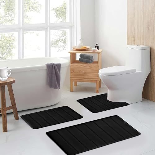 Bathroom Rugs Set Memory Foam Bath Mats Non-Slip Bath Rug Set 3 Piece,Washable Bathroom Mats,Absorbent Shaggy Rugs Super Soft U-Shaped Toilet Rug,Bathroom Carpets for Bathroom,Tub,Shower(Black)