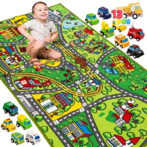 JOYIN Carpet Playmat w/ 12 Cars Pull-Back Vehicle Set for Kids Age 3+, Jumbo Play Room Rug, City Pretend Play