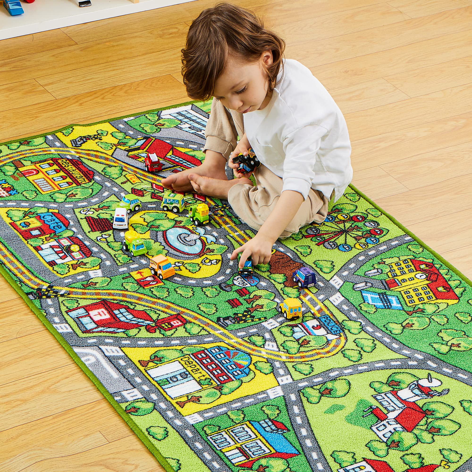 JOYIN Carpet Playmat w/ 12 Cars Pull-Back Vehicle Set for Kids Age 3+, Jumbo Play Room Rug, City Pretend Play