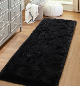 unirea fluffy runner rug for bedroom living room 2x6 feet, black shag area rugs soft plush carpet thick long fur rug for hallway bedside kids nursery girls room home decor mats