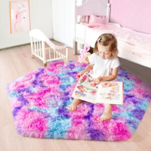 junovo Ultra Soft Hexagon Rug Fluffy Rainbow Nursery Rug for Princess Tent Kids Play Castle, Furry Hexagonal Carpet for Kids Girls Room Playhouse Classroom Dorm Home Decor, 4.6ft Tie-Dye Hot-Pink