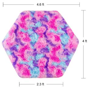 junovo Ultra Soft Hexagon Rug Fluffy Rainbow Nursery Rug for Princess Tent Kids Play Castle, Furry Hexagonal Carpet for Kids Girls Room Playhouse Classroom Dorm Home Decor, 4.6ft Tie-Dye Hot-Pink