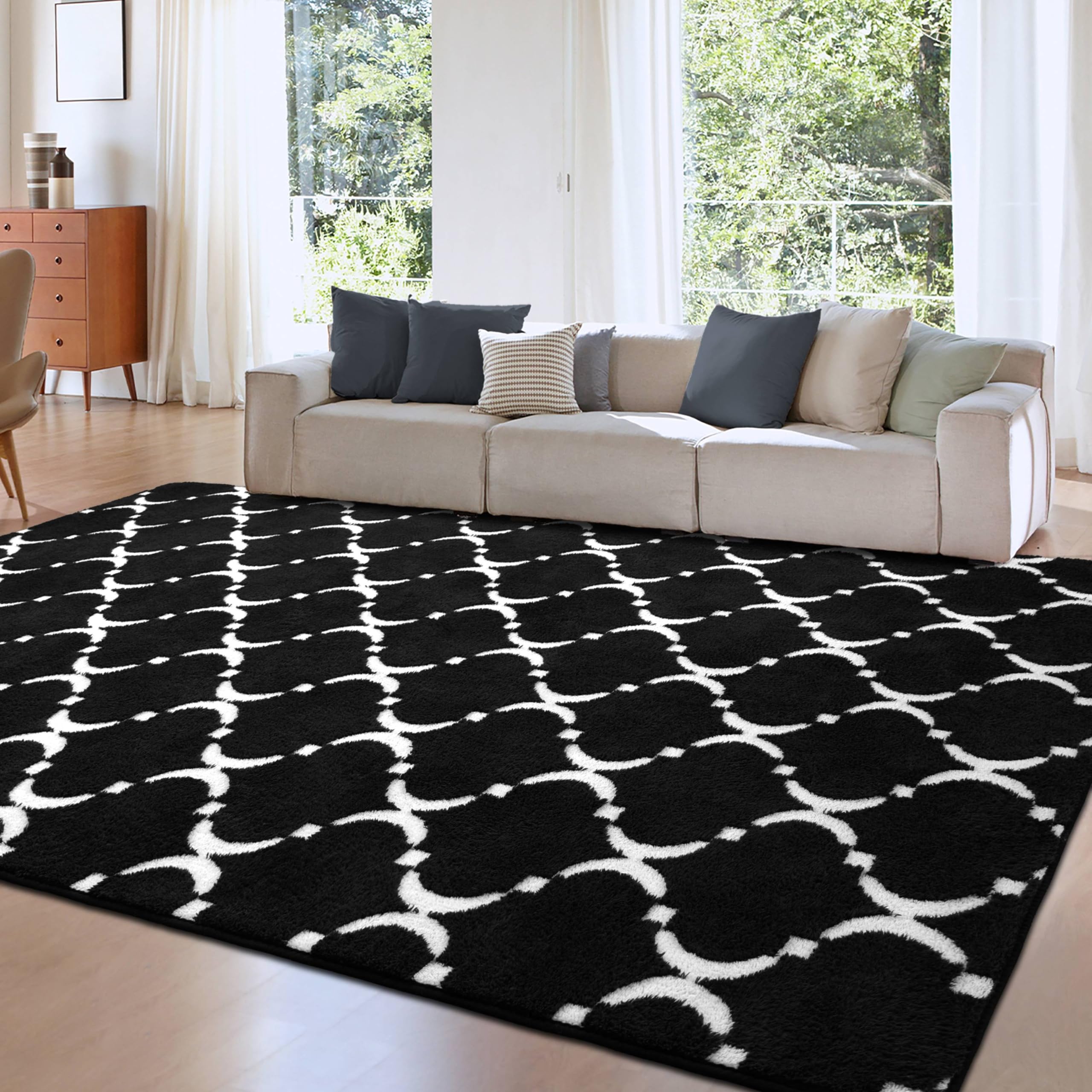 QXKAKA Ultra Soft Shag 5x8 Rug Modern Geometric Area Rug for Living Room Bedroom, Large Indoor Floor Carpet for Teens Girls Kids Nursery Home Decor, Black