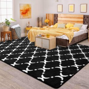 QXKAKA Ultra Soft Shag 5x8 Rug Modern Geometric Area Rug for Living Room Bedroom, Large Indoor Floor Carpet for Teens Girls Kids Nursery Home Decor, Black