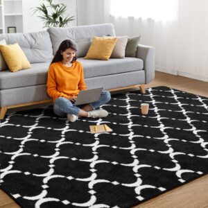 QXKAKA Ultra Soft Shag 5x8 Rug Modern Geometric Area Rug for Living Room Bedroom, Large Indoor Floor Carpet for Teens Girls Kids Nursery Home Decor, Black