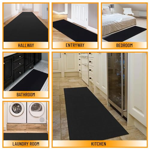 Machine Washable Modern Solid Design Non-Slip Rubberback 2x6 Traditional Runner Rug for Hallway, Kitchen, Bedroom, Living Room, 2'2" x 6', Black