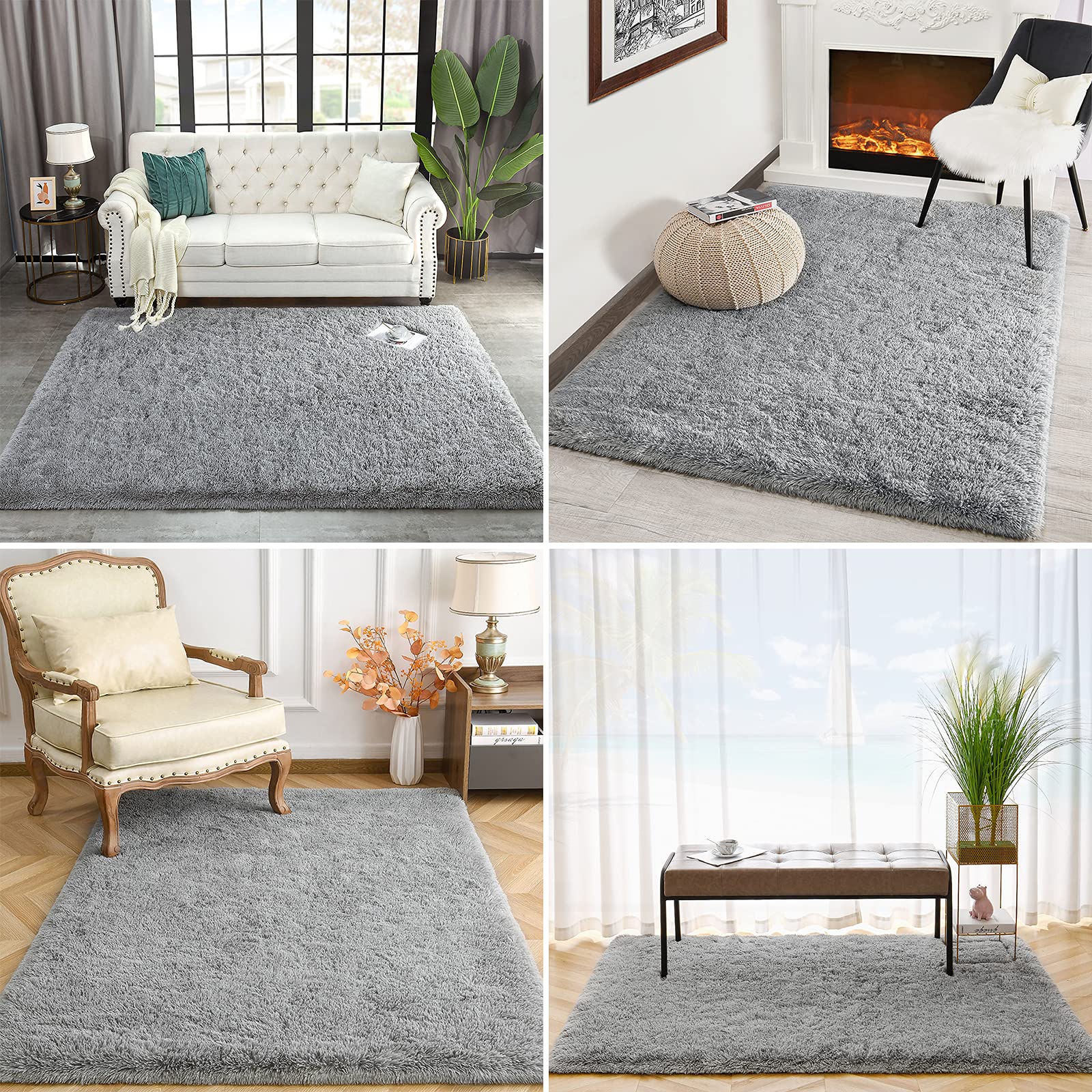 Kimicole Grey Area Rug for Bedroom Living Room Carpet Home Decor, Upgraded 4x5.9 Cute Fluffy Shag Nursery Rug for for Baby Room Decorations, Apartment Dorm Room Essentials for Teen Girls Kids