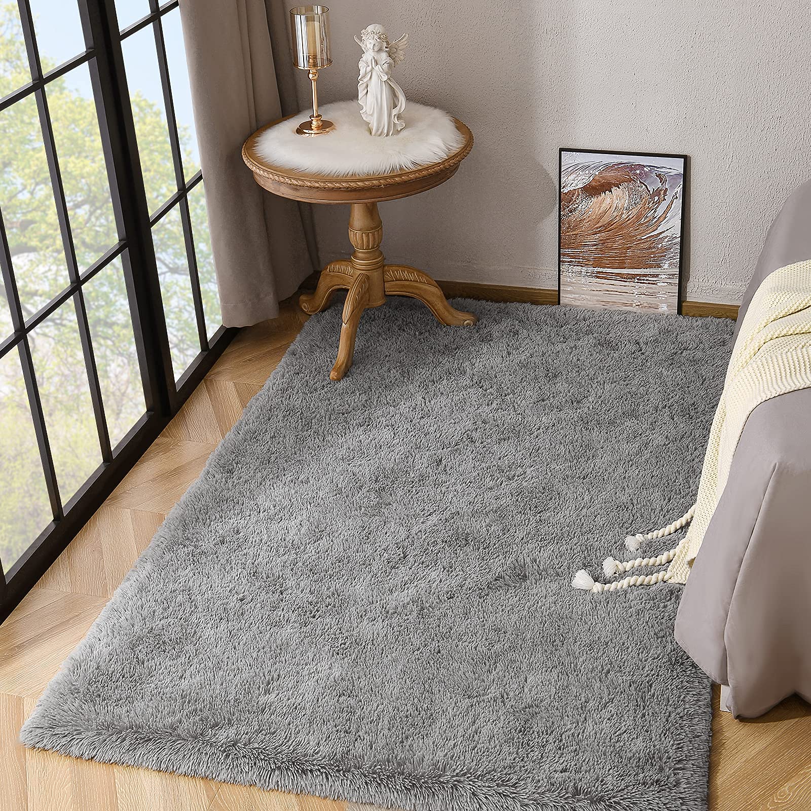 Kimicole Grey Area Rug for Bedroom Living Room Carpet Home Decor, Upgraded 4x5.9 Cute Fluffy Shag Nursery Rug for for Baby Room Decorations, Apartment Dorm Room Essentials for Teen Girls Kids