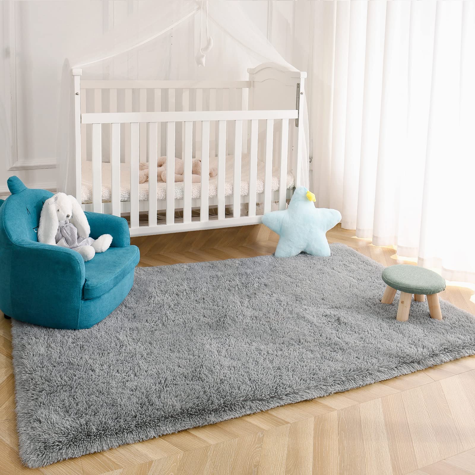 Kimicole Grey Area Rug for Bedroom Living Room Carpet Home Decor, Upgraded 4x5.9 Cute Fluffy Shag Nursery Rug for for Baby Room Decorations, Apartment Dorm Room Essentials for Teen Girls Kids