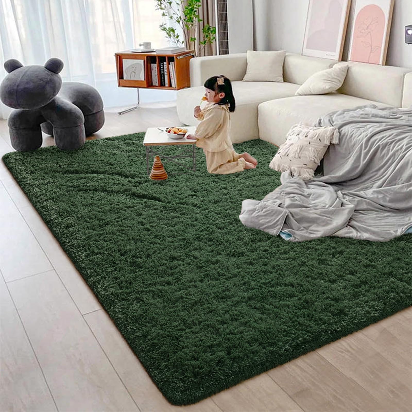 Jocovieh Large Soft Deep-Green Rugs for Bedroom, 6x9 Feet Fluffy Carpets, Indoor Modern Plush Area Rugs for Living Room Kids Girls Room, Non-Slip Shag Rug for Nursery Home Decor, Deep-Green