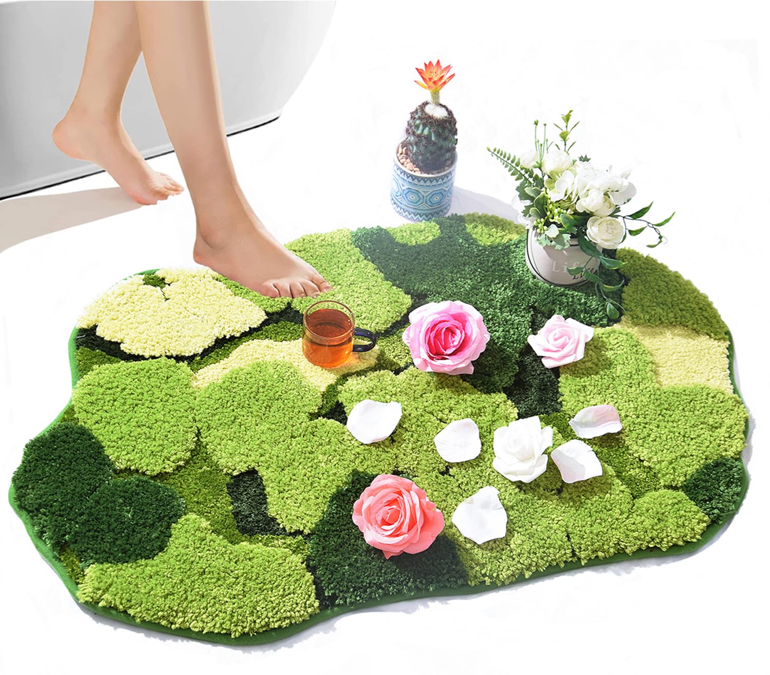 Hifuwan Cute Green Moss Shag Bathroom Rugs Leaf Bath Mats for Bathroom Decor Aesthetic Leaves Soft Non Slip Washable Aabsorbent Floor Carpet Boho Indoor Shower Mat Doormat